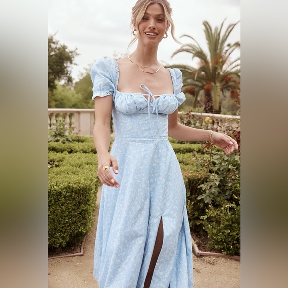 House of CB Tallulah Blue Ivory Floral Puff Sleeve Midi Dress - Picture 2 of 12